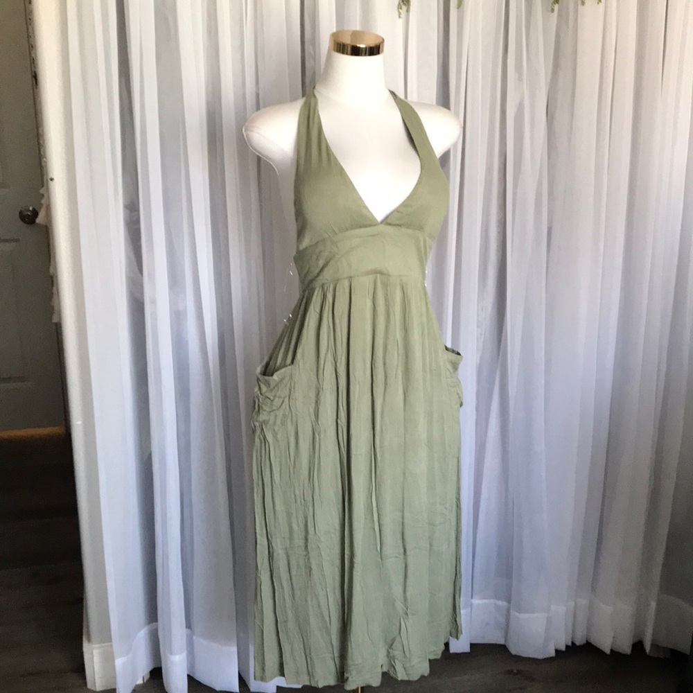 Olive Green Halter Dress With Pockets